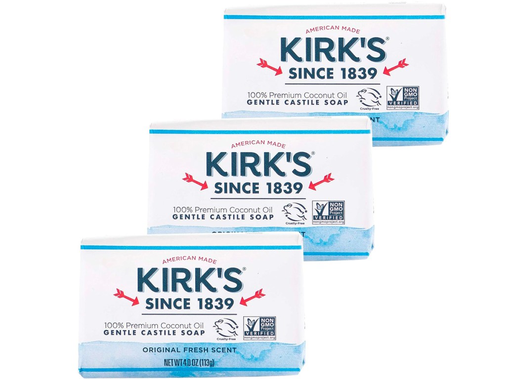 three bars of kirk castile soap in packaging 