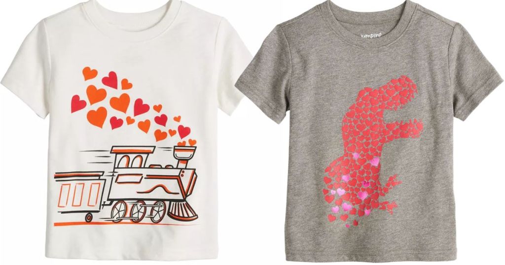 toddler Valentine's t-shirts, white with train and hearts and grey with Dino in hearts