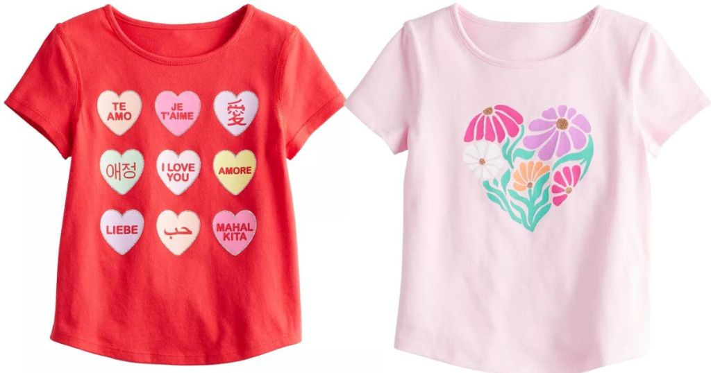 red kid's valentine's t-shirt with hearts with love in different languages and pink shirt with daisies in a flower shape