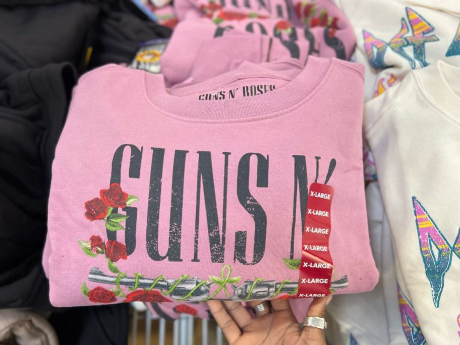 pink Guns N Roses sweatshirt on display at Sam's Club