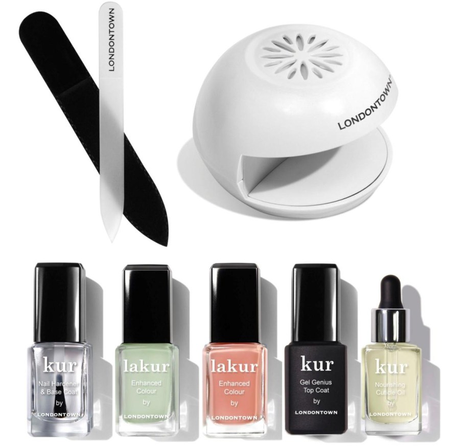 nail polishes, file, and drying fan