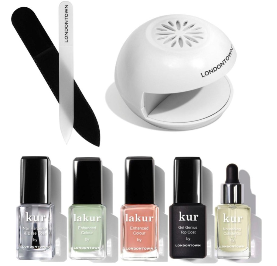nail polishes, file, and drying fan