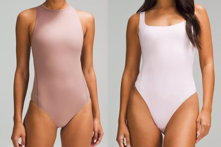 two women in high neck and square neck bodysuits