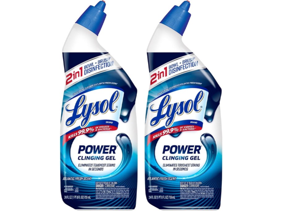 two stock images of lysol power gel cleaner bottles 