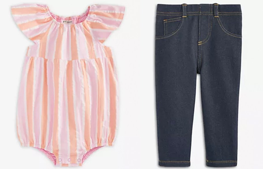 pink onesie and blue jeggings 