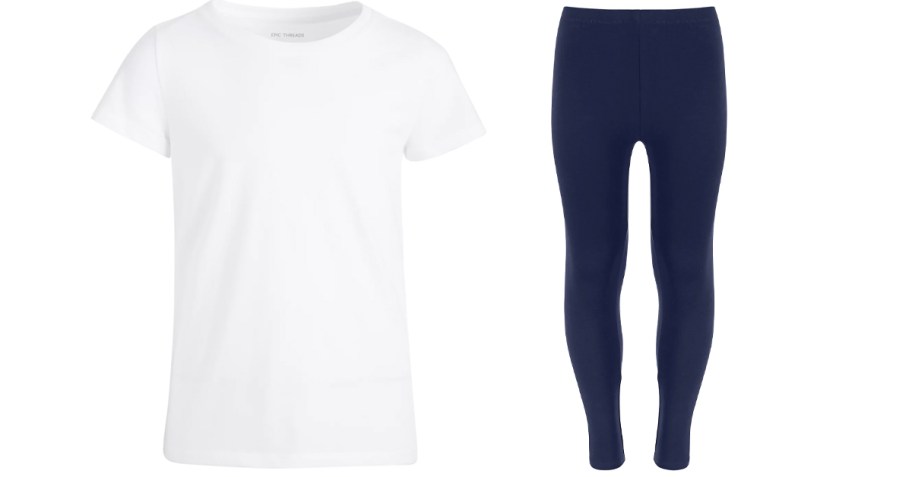 white tee and blue leggings 