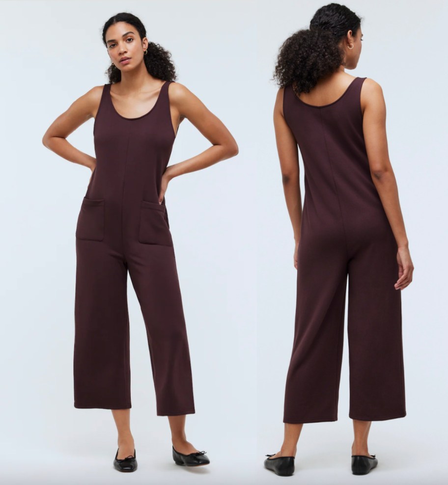 front and back of brown jumpsuit