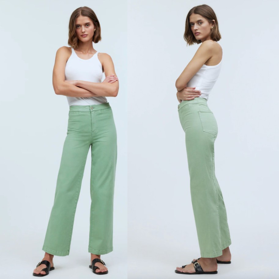 woman in light green crop pants and white tank