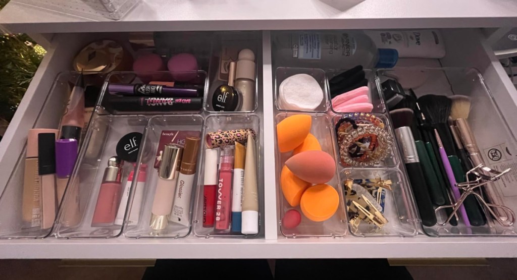 makeup drawer with clear organizers and different tools