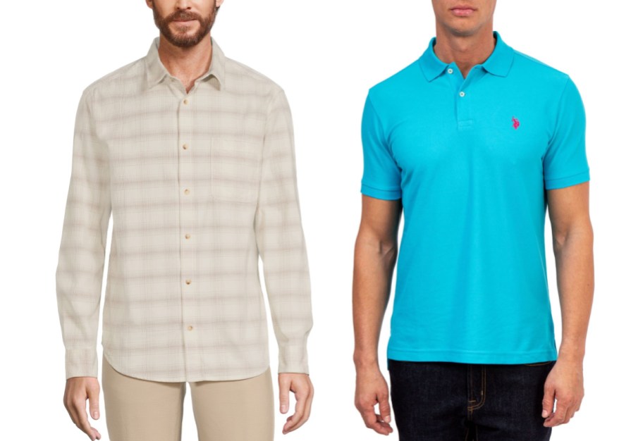 man wearing a long sleeve shirt and another man wearing a blue short sleeve shirt