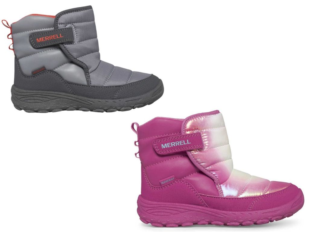 orange and gray Merrell boot and pink Merrell boot