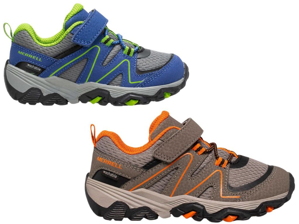 blue and green merrell shoe and orange and gray merrell shoe