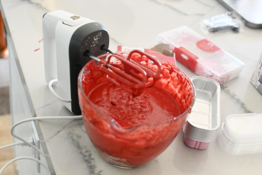 mixing red velvet cake