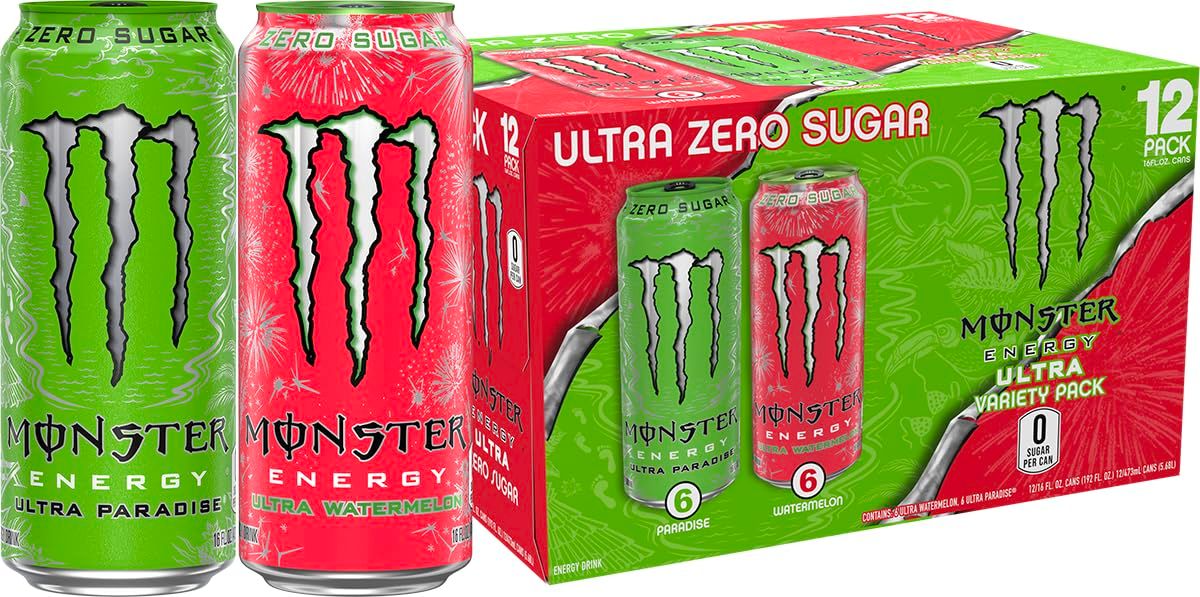 1 red can 1 green can and cans and 12 pack box of Monster ultra watermelon zero sugar and ultra paradise zero sugar. 