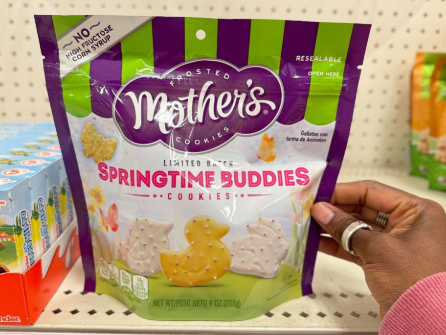 a bag of mothers springtime buddies cookies on a store shelf