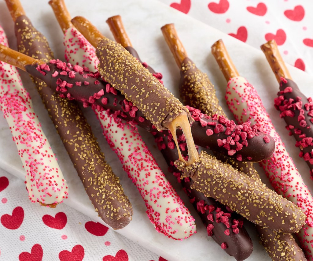 caramel covered pretzel sticks for valentines day