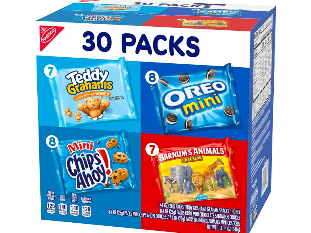 nabsico oreo, chips ahoy, animal crackers and teddy grahams cookies variety pack box
