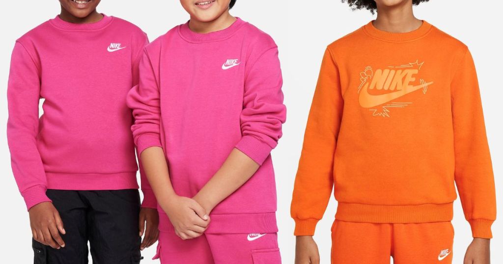 2 kids wearing pink nike hoodies and a kid wearing orange nike sweatshirt