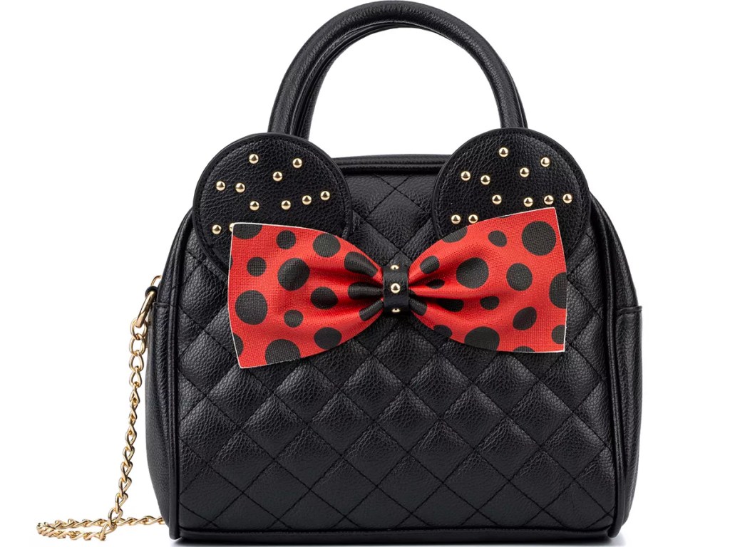 black satchel bag with red and polka dot bow