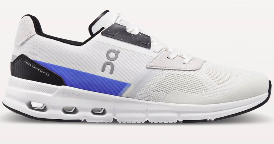 white, blue and black mens on running shoe