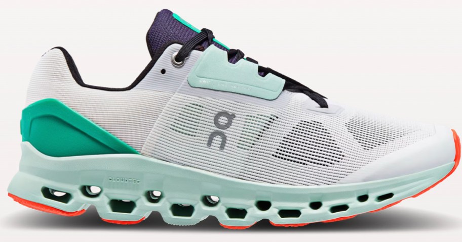 white and teal on running shoe