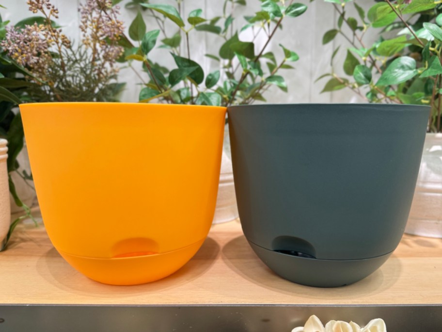 orange and gray 8 inch planters displayed on a table