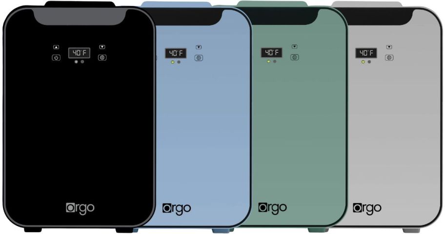 orgo mini fridges in onyx, french blue, sage, and charcoal on a white background