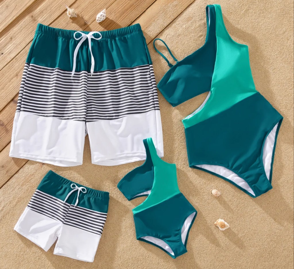 family colorblock teal swimsuits in a pile