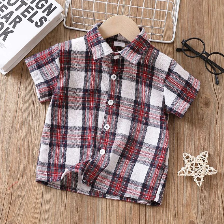 toddler boy's red, black and white plaid shirt