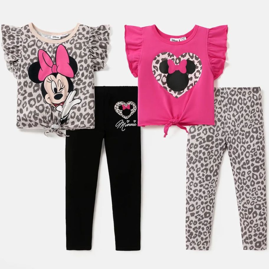 girl's Disney Minnie Mouse 2 pc top and pants sets in black, pink and leopard print