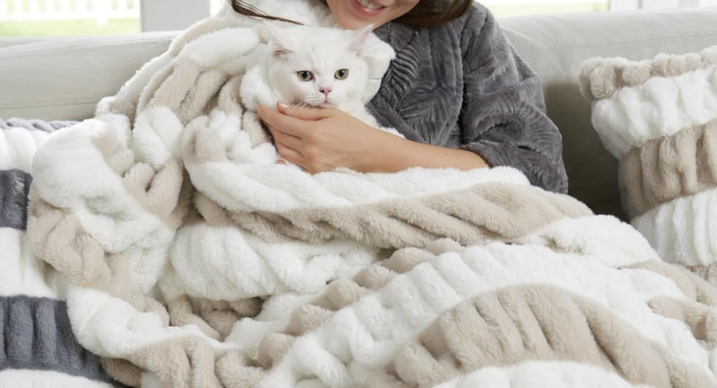 person holding cat wrapped in throw blanket