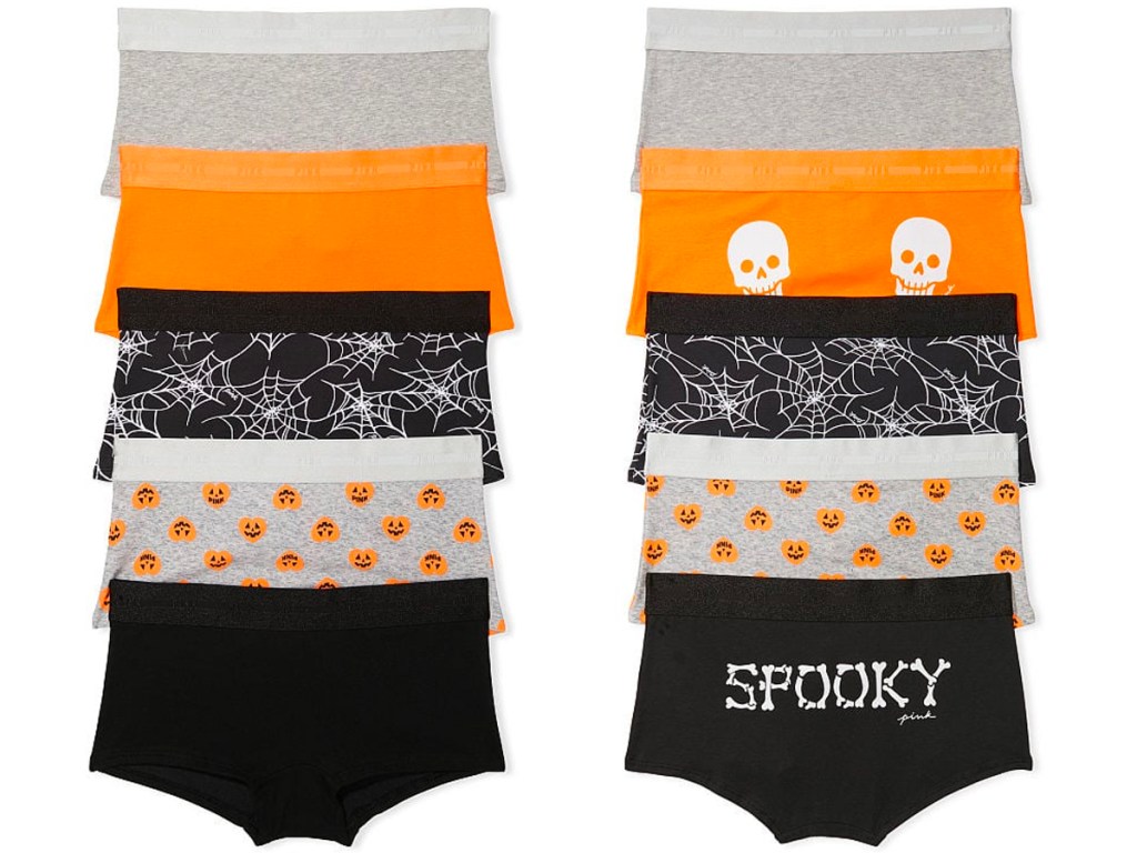 front and back image of 5 pairs of pink halloween panties