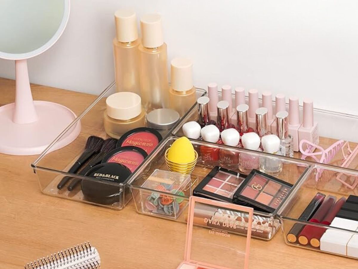 makeup sitting inside large plastic drawers