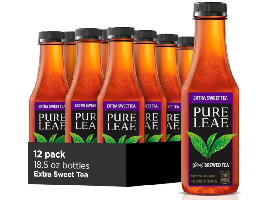 12 pack of pure leaf extra sweet tea on a white background