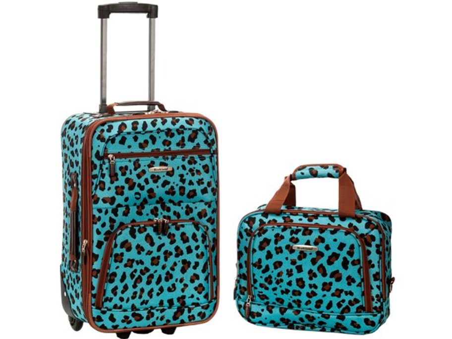 two teal leopard print luggage 