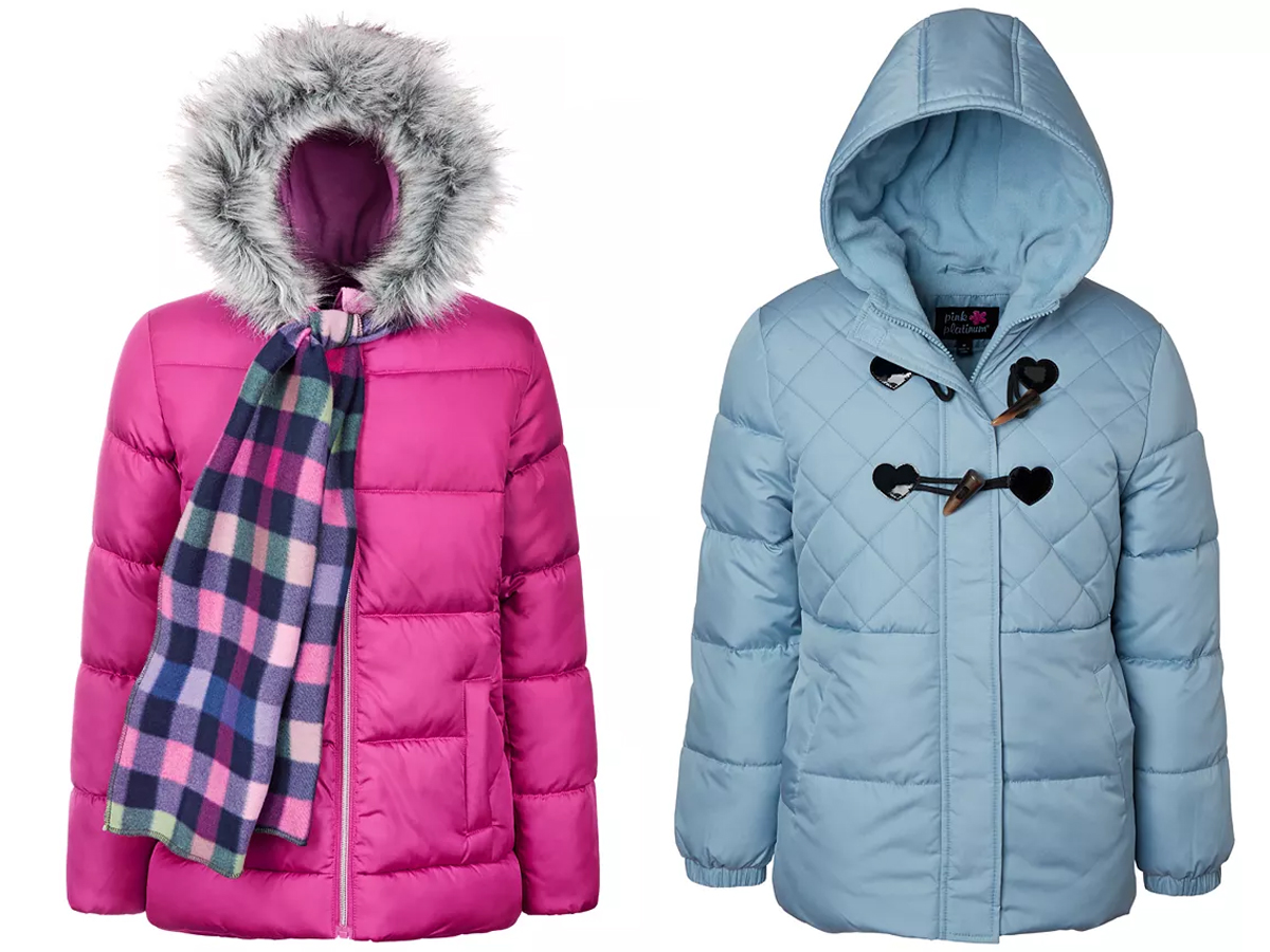 hot pink and light blue puffer jacket