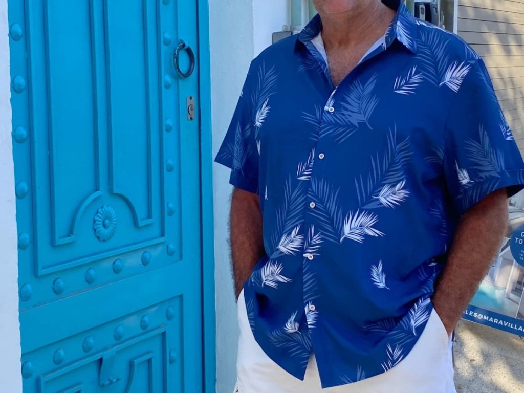 man wearing blue Hawaiian shirt