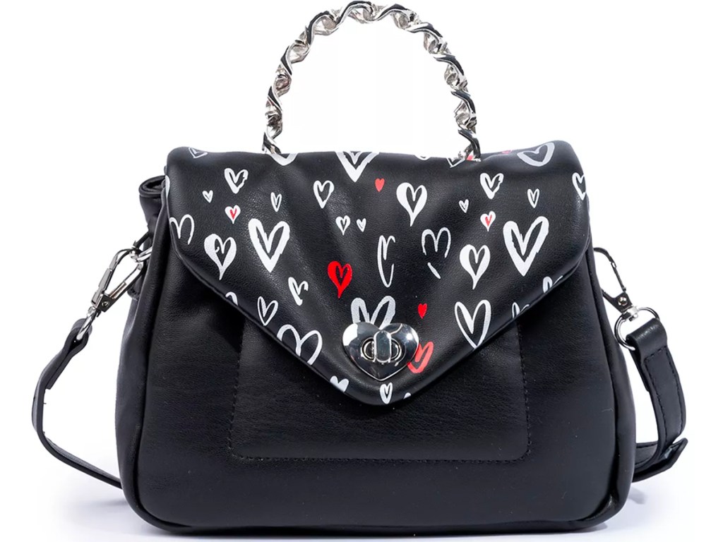 black bag with white and red hearts 
