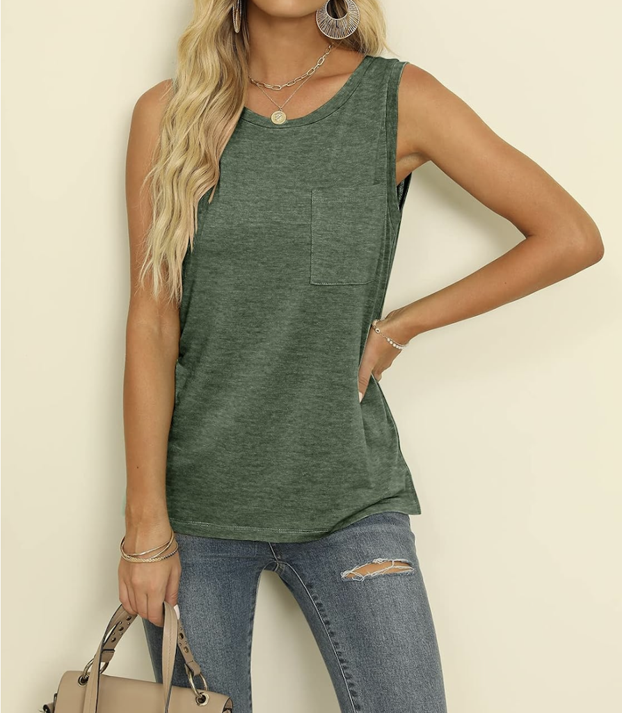 woman wearing green sleeveless crew tank top with jeans 