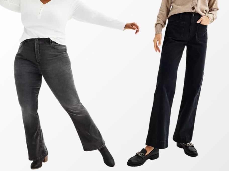 two women wearing black jeans on white background