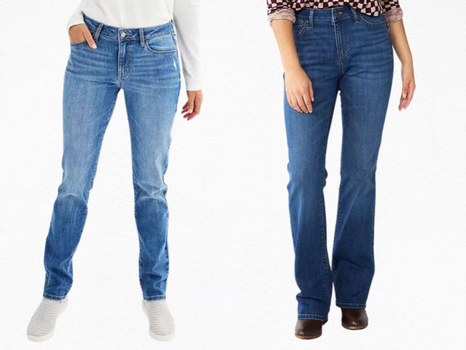 two pairs of womens jeans on white background
