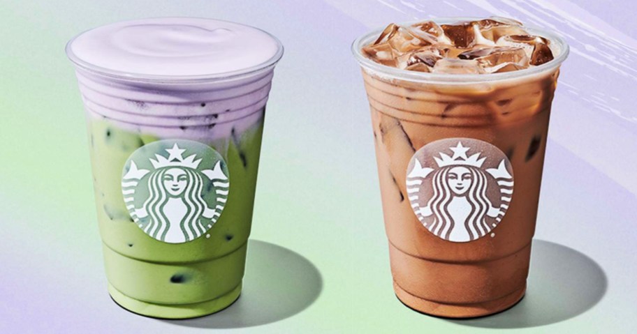 green and purple beverage in a starbucks cup next to a starbucks cup with coffee in it