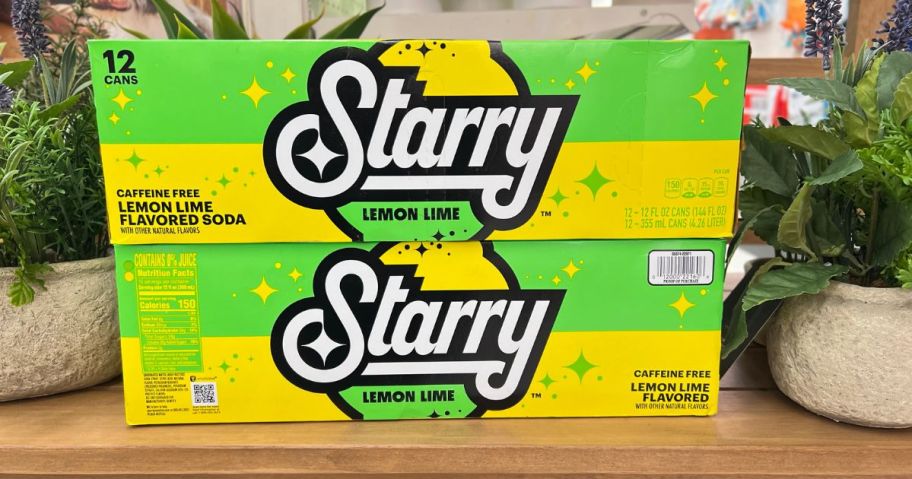 Starry lemon lime soda 12 packs stacked on top of each other in store