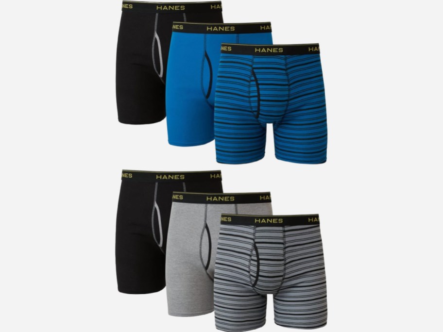 stock image of Hanes Men's Boxer Briefs 6-Pack in different colors and patterns
