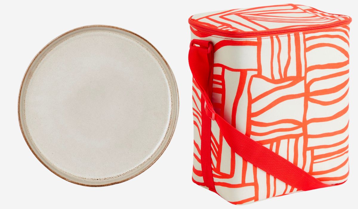 tan stoneware plate and red and white print cooler bag