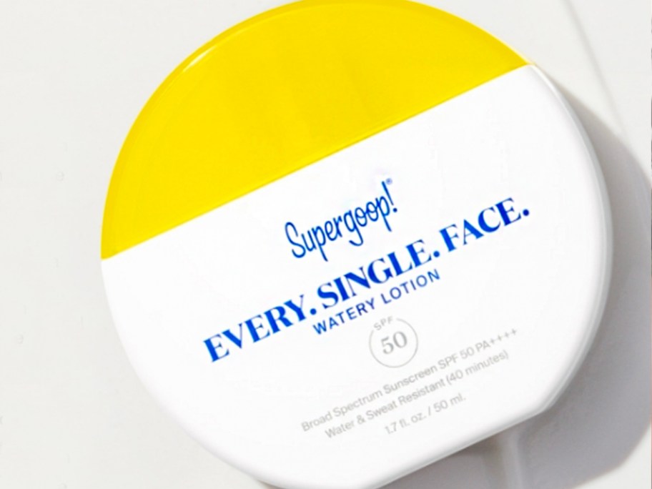 supergoop every single face watery lotion spf 50 container on countertop