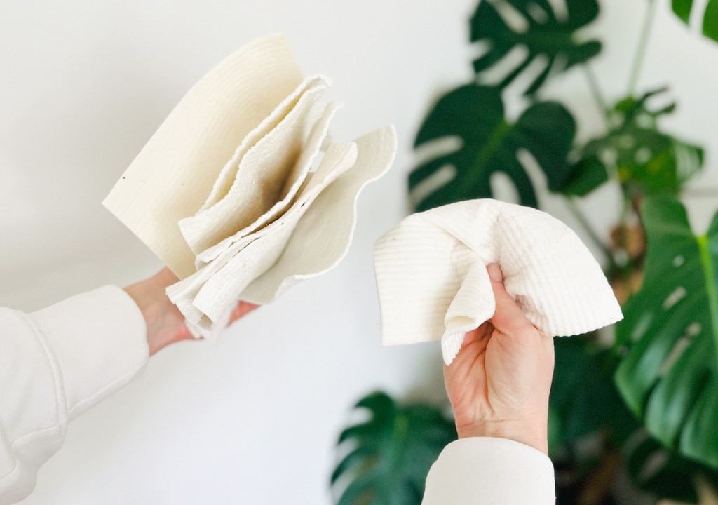 hand holding white swedish dishcloths in front of monstera plant