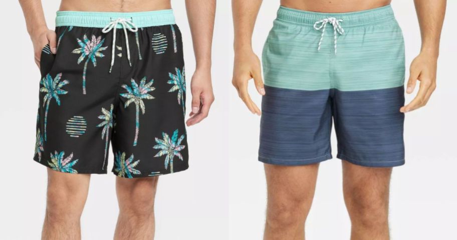 man wearing black swim shorts with multicolor palm trees and man wearing a pair of colorblock swim shorts