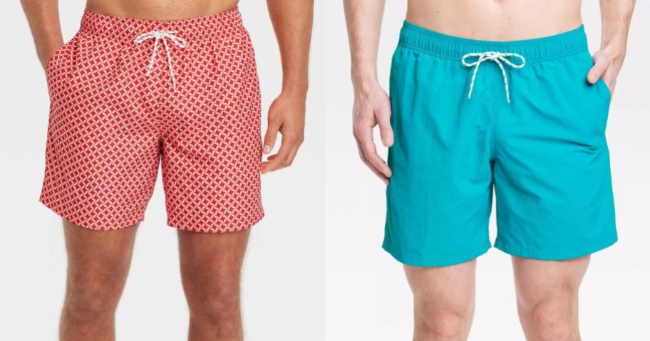 men wearing swim trunks, 1 in coral and orange and one in bright teal blue