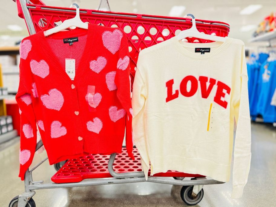 target women's valentine's day shirts hanging on cart